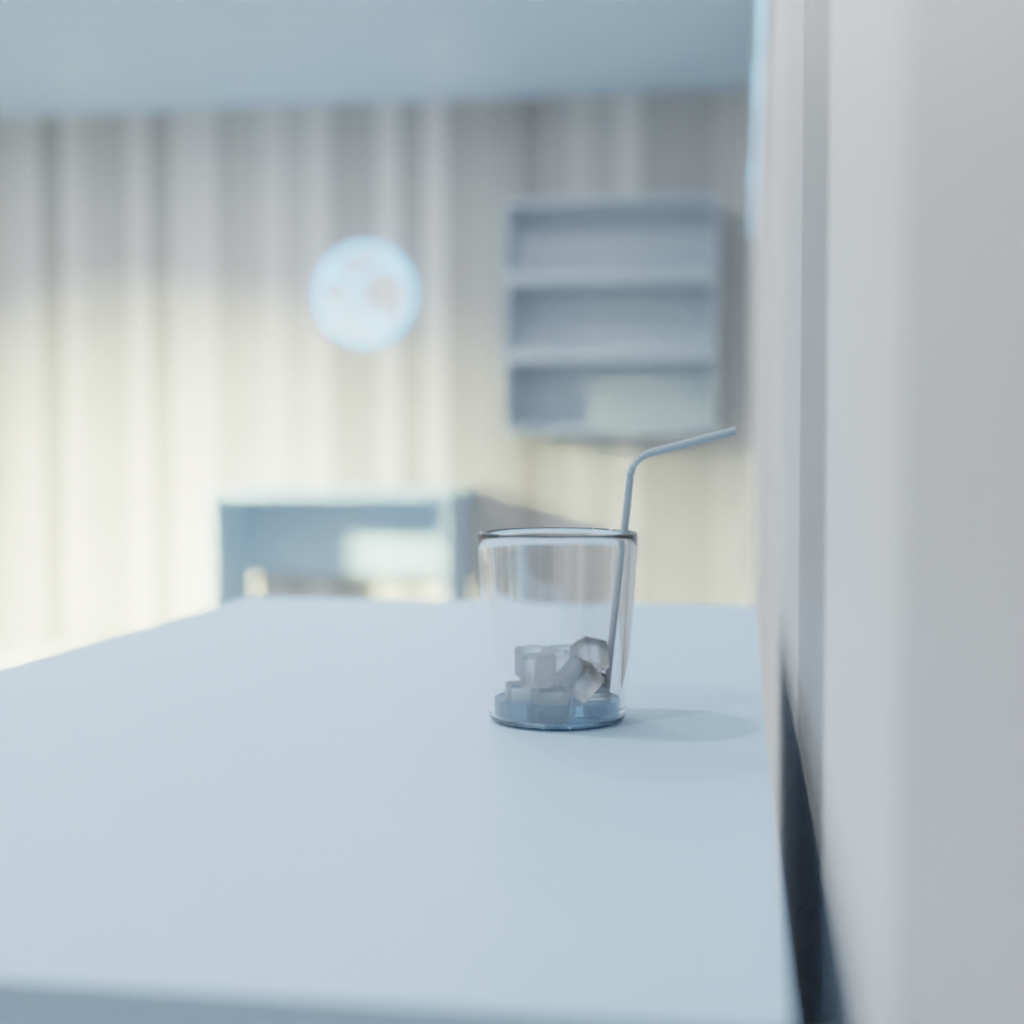 An empty glass with ice and straw on a table in a room. Engasht logo is on the wall.