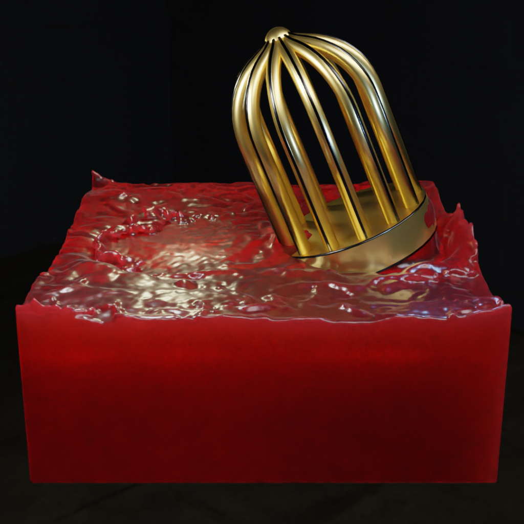 3D render of a golden cage swing in blood is a sample of conceptual art made with blender software